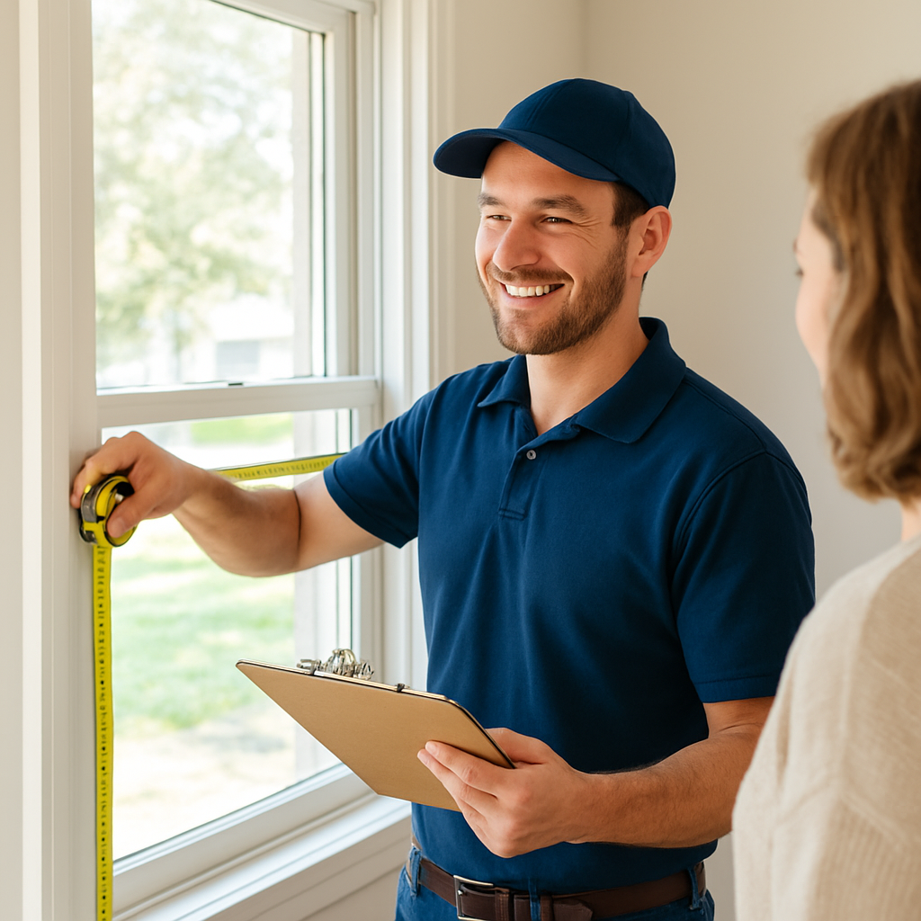 Just Windows specialist measuring a window during a free in-home estimate